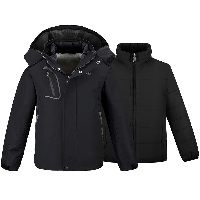 wantdo Kids Boys' 3-in-1 Winter Coat with Hood Warm Fleece Lined Snowboarding Jacket Zip Up Black 14-16 - Image 1
